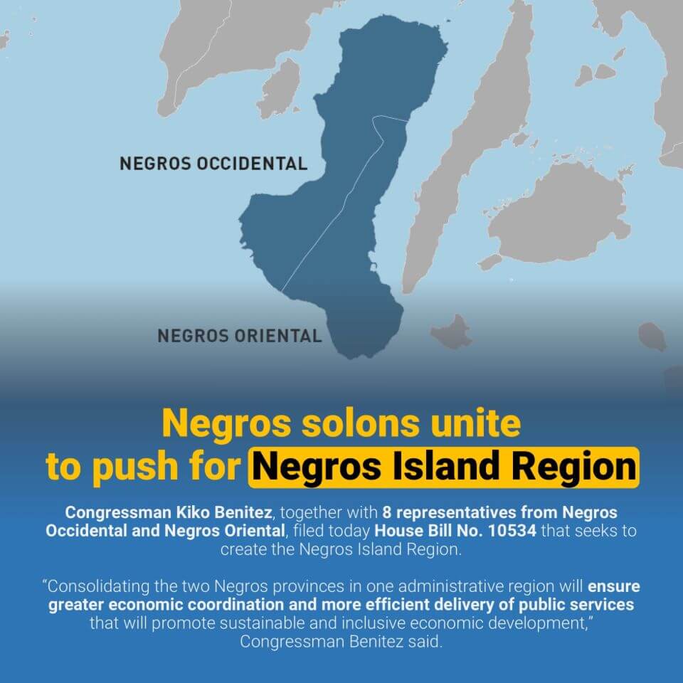 Congressman Kiko Benitez and 8 Negros congressmen/women filed today House Bill No. 10534 that seeks to create the Negros Island Region for greater economic coordination and more efficient delivery of public services to promote sustainable and inclusive economic development in Negros Occidental and Negros Oriental.