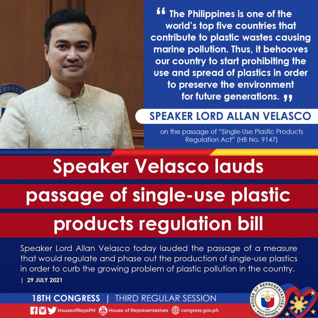 SPEAKER VELASCO LAUDS PASSAGE OF SINGLE-USE PLASTIC PRODUCTS REGULATION BILL