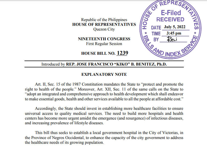 BILLS AND RESOLUTIONS FILED BY CONGRESSMAN JOSE FRANCISCO B. BENITEZ ...