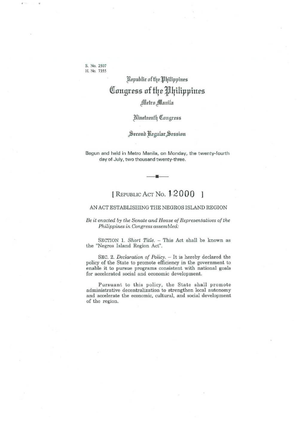 Republic Act No. 12000 An Act Establishing the Negros Island Region