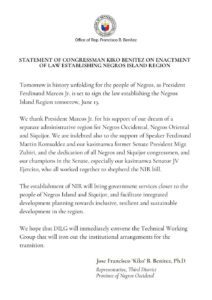 Statement of Congressman Kiko Benitez on enactment of law establishing Negros Island Region: