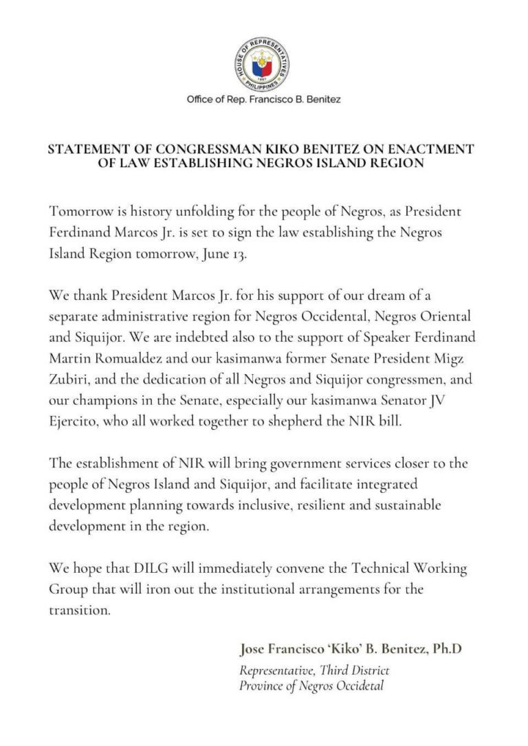 Statement of Congressman Kiko Benitez on enactment of law establishing Negros Island Region: