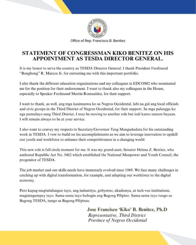 Statement of REP. JOSE FRANCISCO “KIKO” B. BENITEZ on his appointment as TESDA Director General: