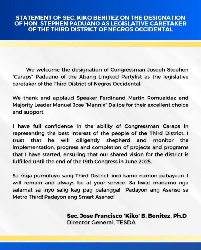 STATEMENT OF SEC. KIKO BENITEZ ON THE DESIGNATION OF HON. STEPHEN PADUANO AS LEGISLATIVE CARETAKER OF THE THIRD DISTRICT OF NEGROS OCCIDENTAL